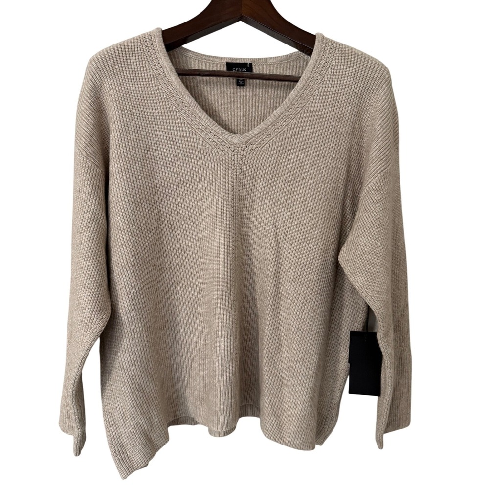 CYRUS Women's Beige V Neck Ribbed Knit Sweater in Kitten Heather‎ Plus 2X NWT